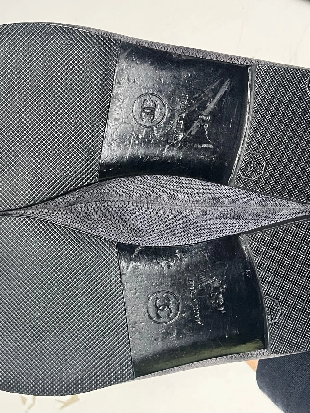 CHANEL Grey Suede Ballet Flats with Black Leather Cap-Toe